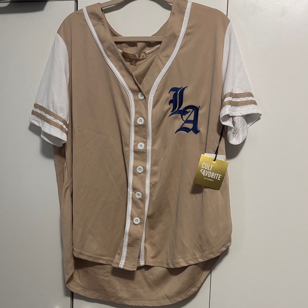 Tan and White Women's Jersey Top